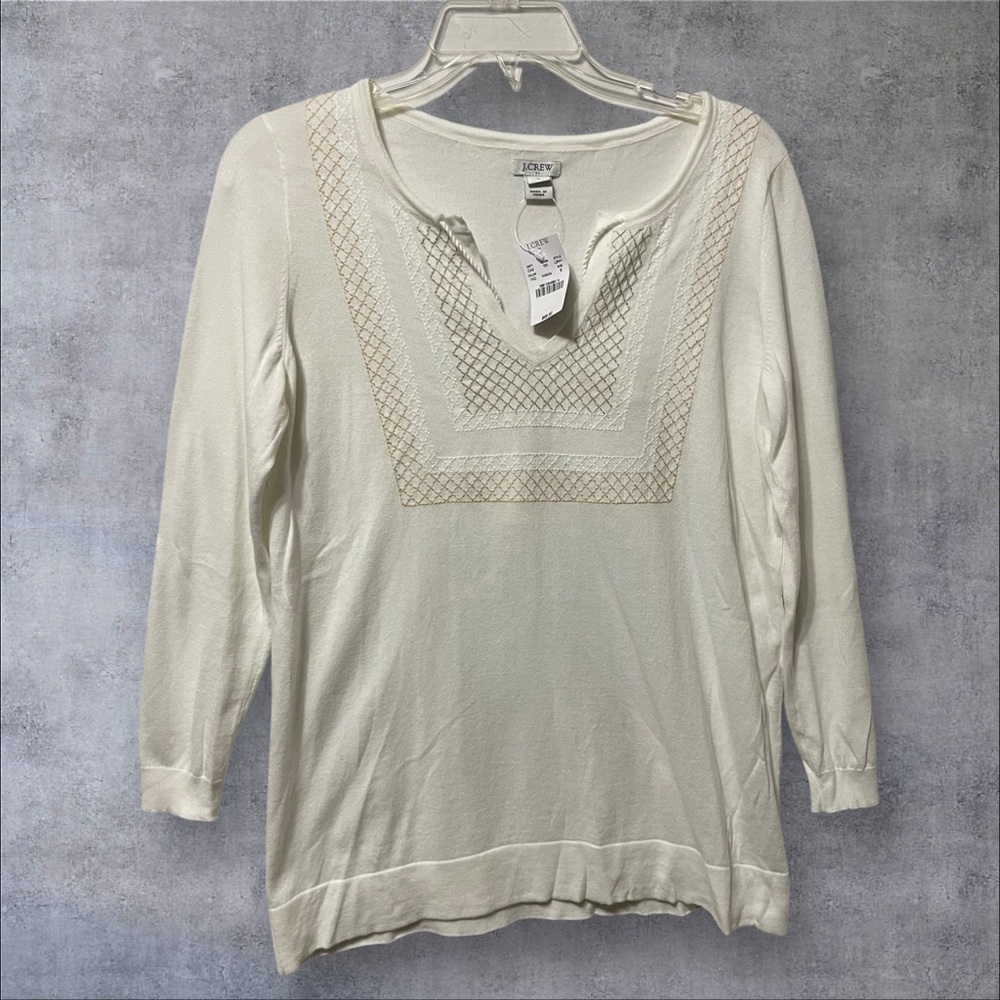 J. Crew Factory Embroidered Peasant Top tassels embroidered cream boho sz XS